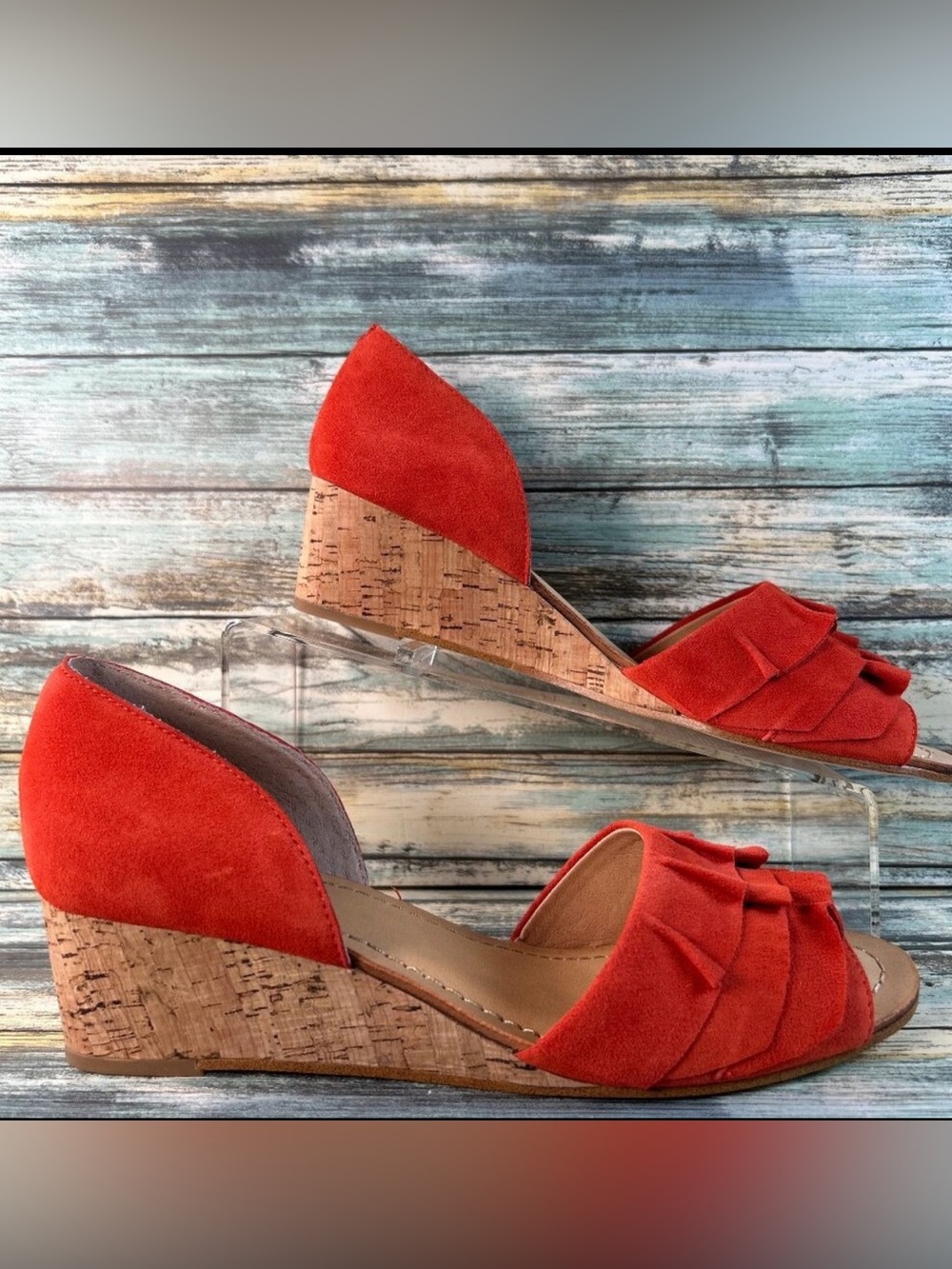 Latigo D'Orsay Open Toe Cork Wedge Heel Sandals Women’s 11M Orange Suede Ruffled